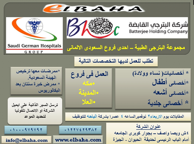 مطلوب فورا اطباء وتمريض للعمل فى كبرى المجمعات فى السعودية 